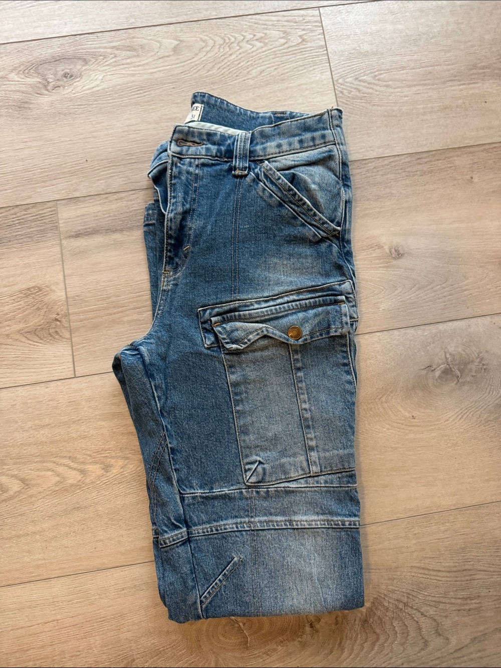Free People Blue Boyfriend Cargo Jeans